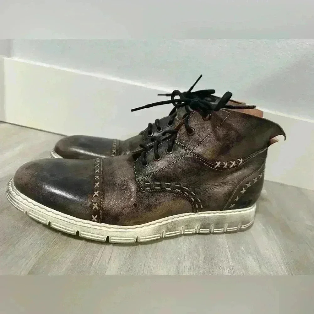 BED‎ STU Mens Leather Cap Toe Lace Up Ankle Boots Distressed Brown sz 10